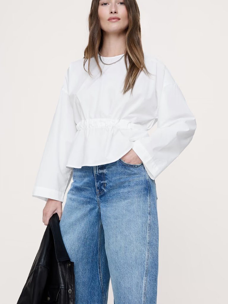 Nwt! Banana Republic White Cotton Poplin Relaxed Belted Cinch-Waist Top Xs